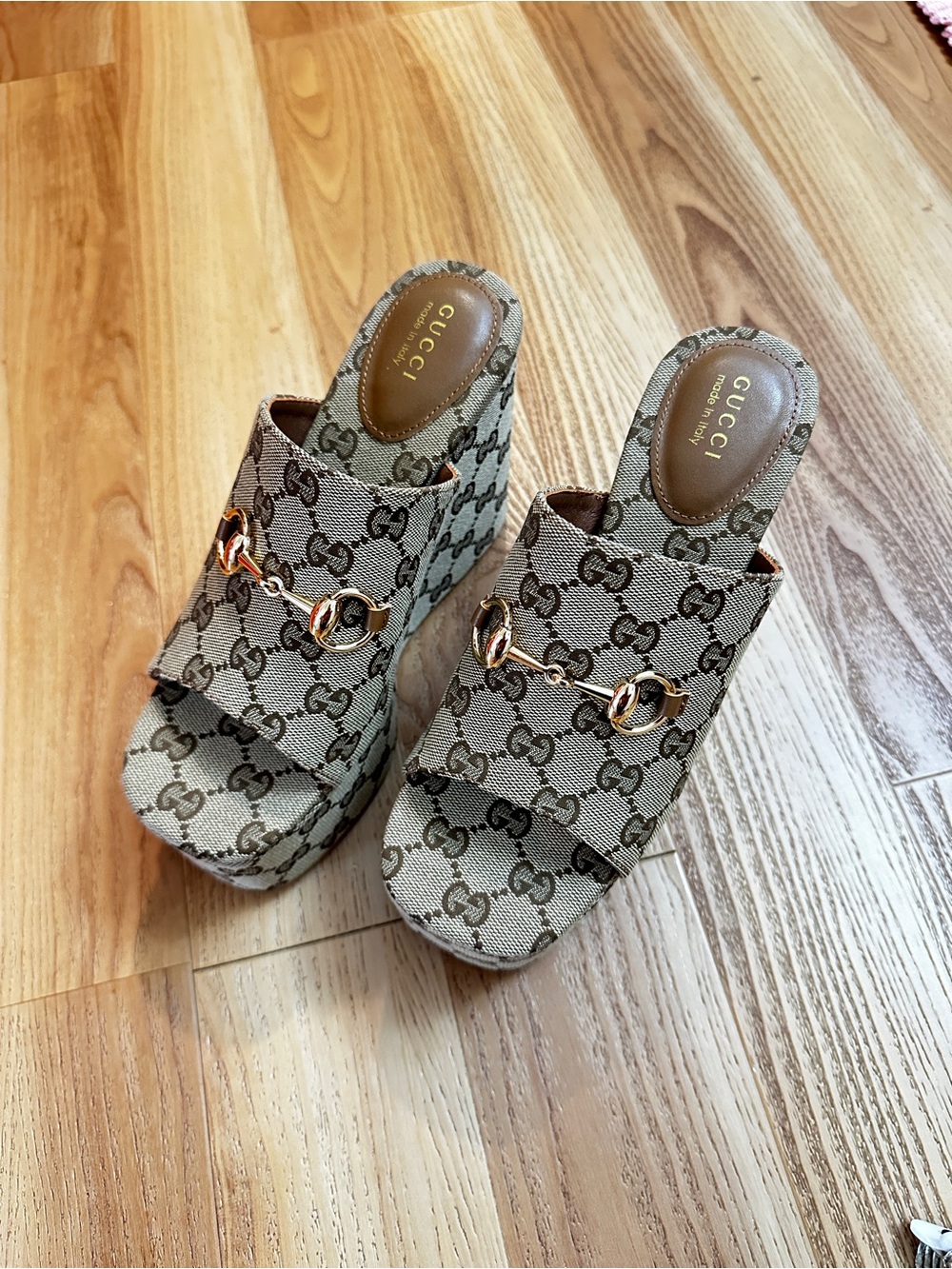 Gucci Beige Monogram Platform Mules with Gold Horsebit
